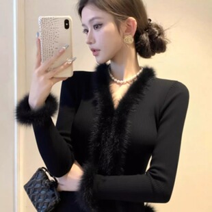 高级感轻奢黑色毛领针织衫女2026早春新款法式洋气时尚毛衣上衣