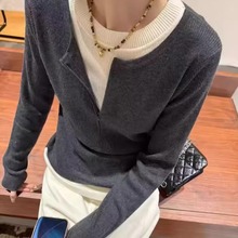 撞色拼接假两件长袖针织打底衫女秋冬设计感小众内搭独特漂亮上衣