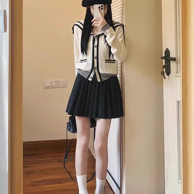 韩系学院风撞色海军领毛衣女秋季