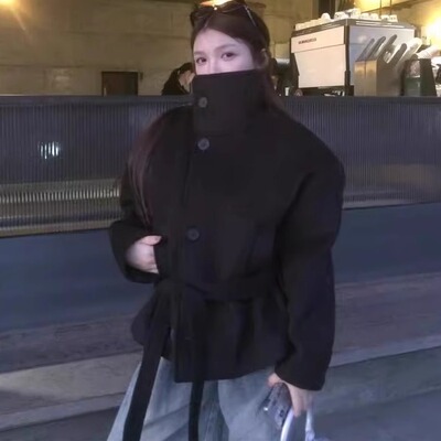 高级感黑色立领加厚保暖毛呢外套