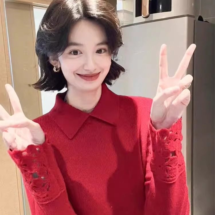 镂空钩花红色长袖针织打底衫女早春轻奢高级感显瘦气质Polo领上衣,女装/女士精品,毛针织衫,淘宝优惠券,粉丝福利购,淘宝优惠卷