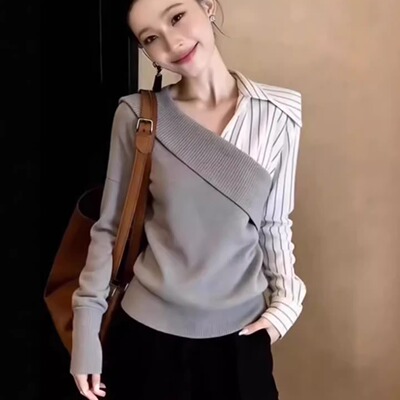 灰色气质假两件条纹V领长袖衬衫