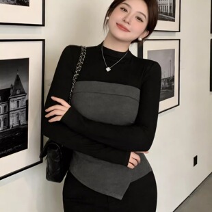 韩系高级感撞色拼接长袖圆领T恤女早春新款修身显瘦气质打底上衣