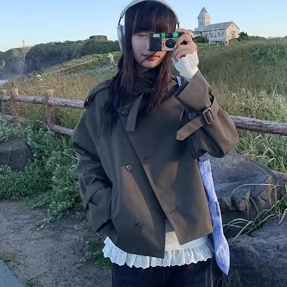美式复古风翻领风衣外套女