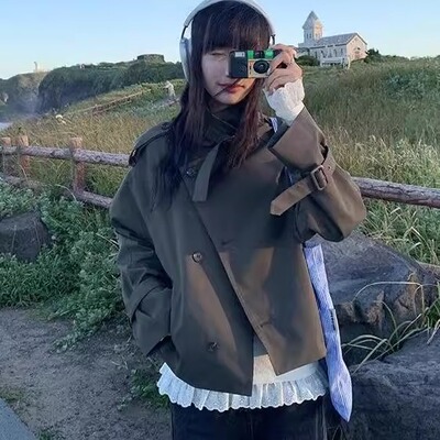 美式复古风翻领风衣外套女