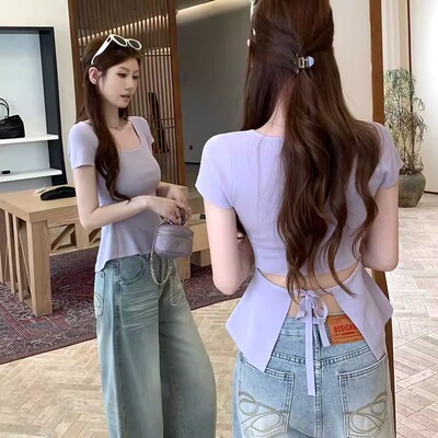 韩系设计感后腰系带短袖T恤女