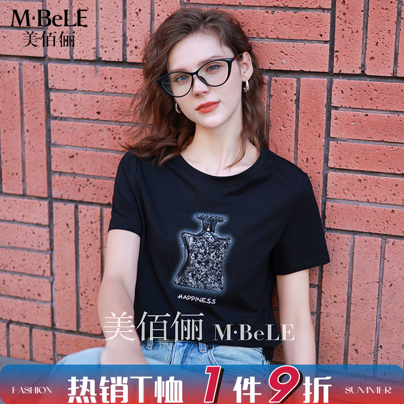 美佰俪2025夏季新款镶钻莫代尔棉T恤圆领短袖正肩上衣女宽松休闲