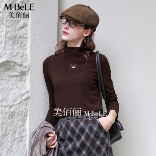 美佰俪2025新款低调百搭简约风蝴蝶刺绣半高领纯色内搭修身打底衫