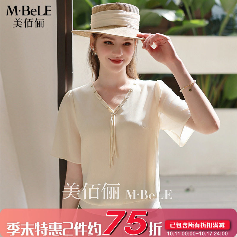 美佰俪女装2025新款短袖雪纺蕾丝衫/雪纺衫