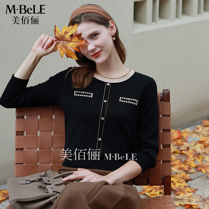美佰俪天丝新款内搭小香风针织衫女2025秋季法式优雅黑色打底上衣