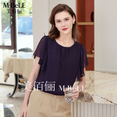 美佰俪设计感圆领短袖雪纺衫2025夏款女士简约通勤显瘦喇叭袖上衣