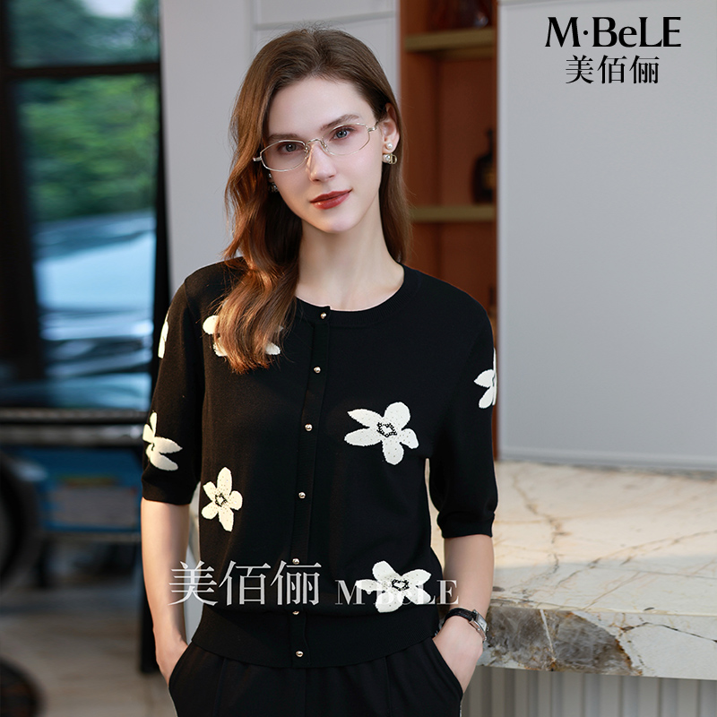 美佰俪天丝花卉提花针织衫女2025早秋款款莱赛尔气质显瘦中袖上衣