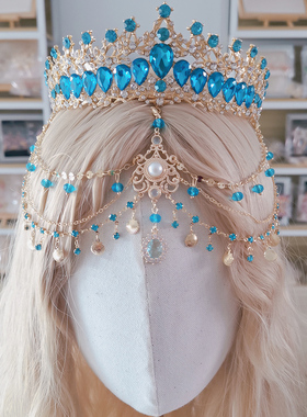蓝色公主皇冠异域风眉心坠发冠女童生日王冠走秀发饰影楼拍照头饰