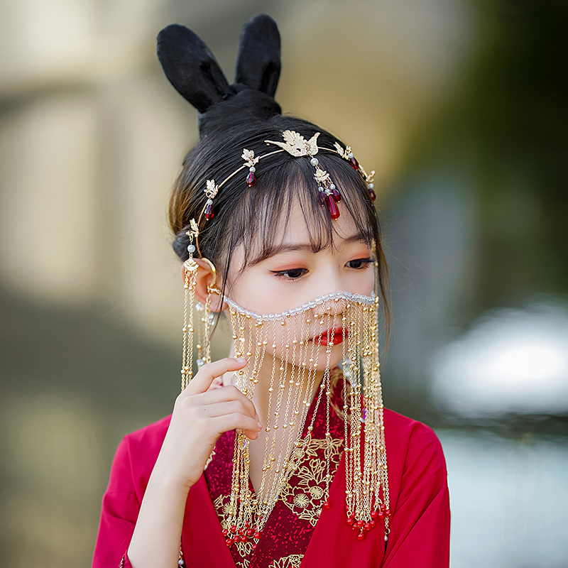 女童红色汉服凤冠头饰流苏额饰