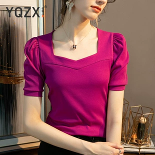 纯色薄款 体恤 t恤女夏季 泡泡袖 显瘦上衣纯棉法式 短款 方领短袖 修身