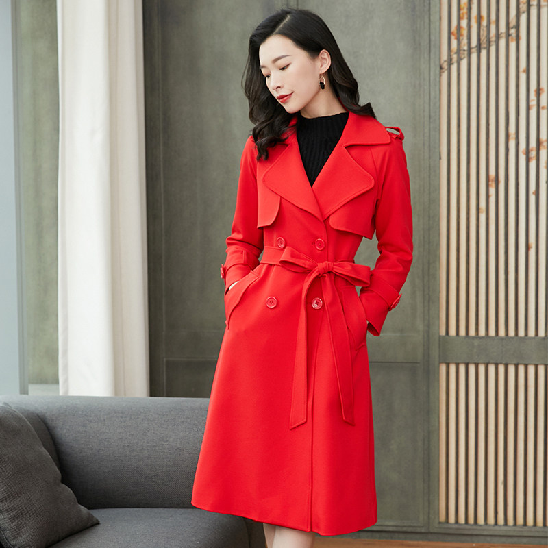 红色风衣女中长款秋装2020年新款韩版双排扣外套过膝大衣名媛女装