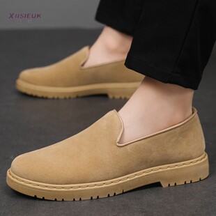 黄棕色皮鞋男2025新款英伦无鞋带一脚蹬反绒开车休闲乐福豆豆潮鞋