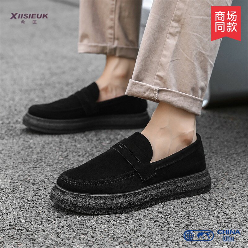 2026年新款全黑色豆豆鞋男韩版潮流无鞋带懒人磨砂皮工作通勤皮鞋