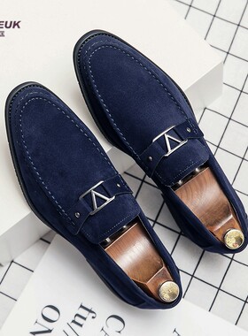 蓝色个性潮流豆豆鞋男款46 47 48特大码发型师商务休闲一脚蹬皮鞋