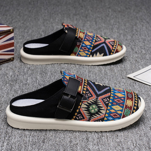 半托鞋 休闲拖鞋 男式 潮流花色一脚蹬无后跟帆布老北京布鞋 韩版 夏季