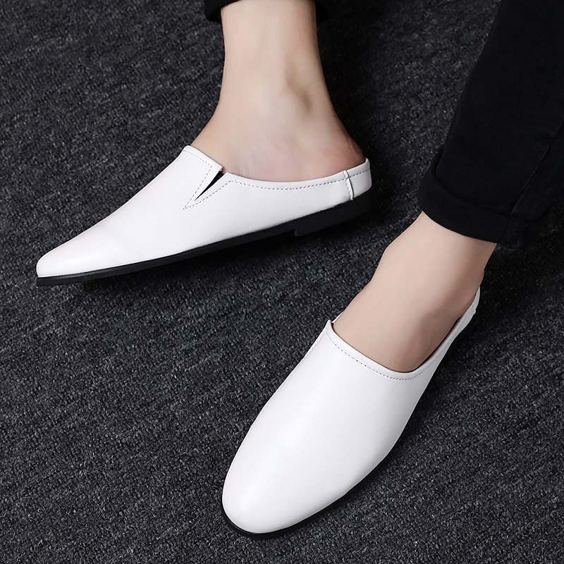 夏季包头半托鞋男白色一脚蹬办公室懒人拖鞋凉鞋无后跟试衣间男鞋