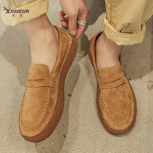 男士黄棕色一脚蹬豆豆鞋高端商务休闲男鞋无鞋带反绒皮鞋乐福潮鞋