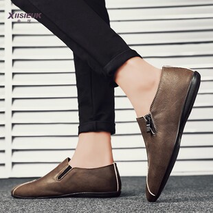 带休闲小皮鞋 男真皮青年发型师一脚蹬薄底无鞋 复古豆豆鞋 棕色个性