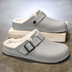 加绒拖鞋男冬季保暖医院医生上班手术室专用鞋46大码包头加棉拖鞋