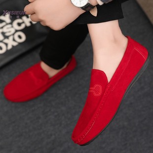 红色鞋子男无鞋带懒人一脚蹬豆豆鞋本命年绒面休闲老北京布鞋潮鞋