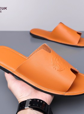 橙色个性男式一字拖鞋夏天韩版潮流发型师夜店休闲薄底凉拖鞋48码