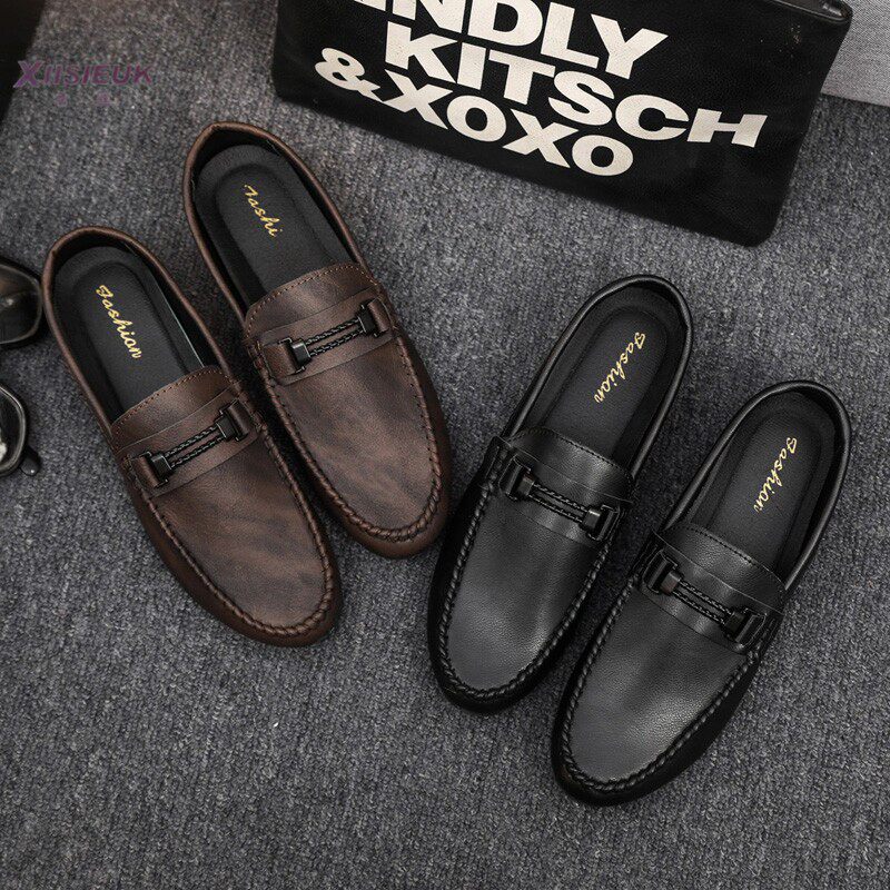 秋款男式豆豆鞋黑色一脚蹬懒人休闲皮鞋英伦风潮流工作薄底男鞋子