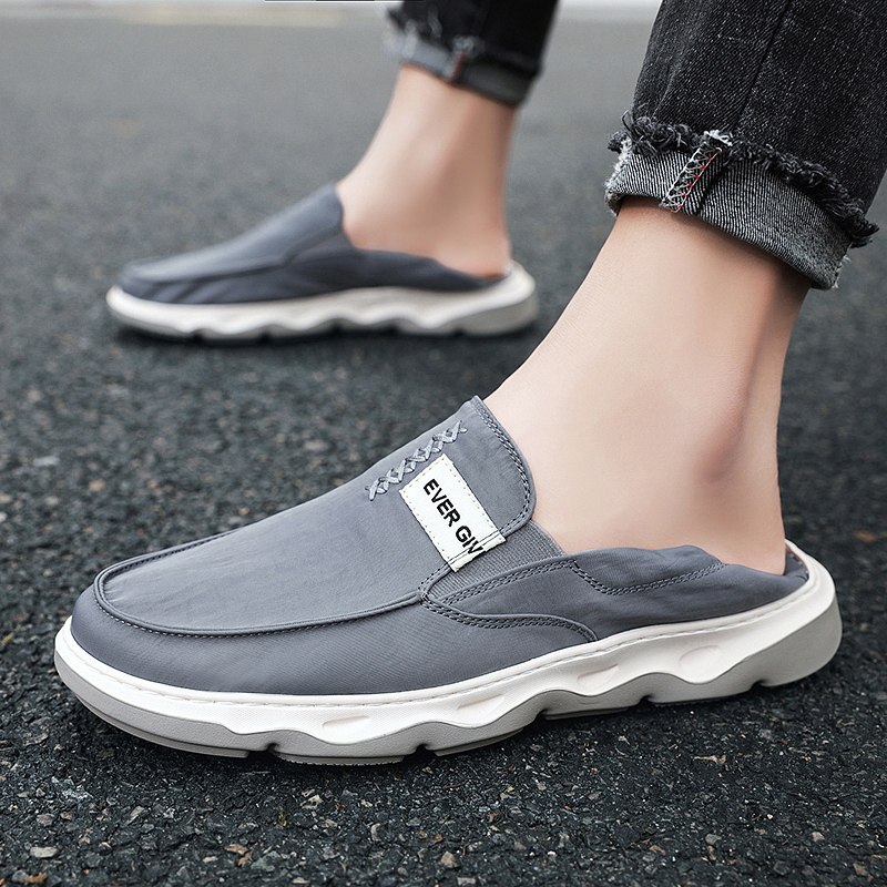 可踩脚后跟男鞋子夏季透气冰丝帆布开车两穿半拖鞋老北京布鞋潮鞋