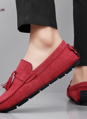 红色布面豆豆鞋男2025新款本命年绒布47大码休闲懒人老北京布鞋潮