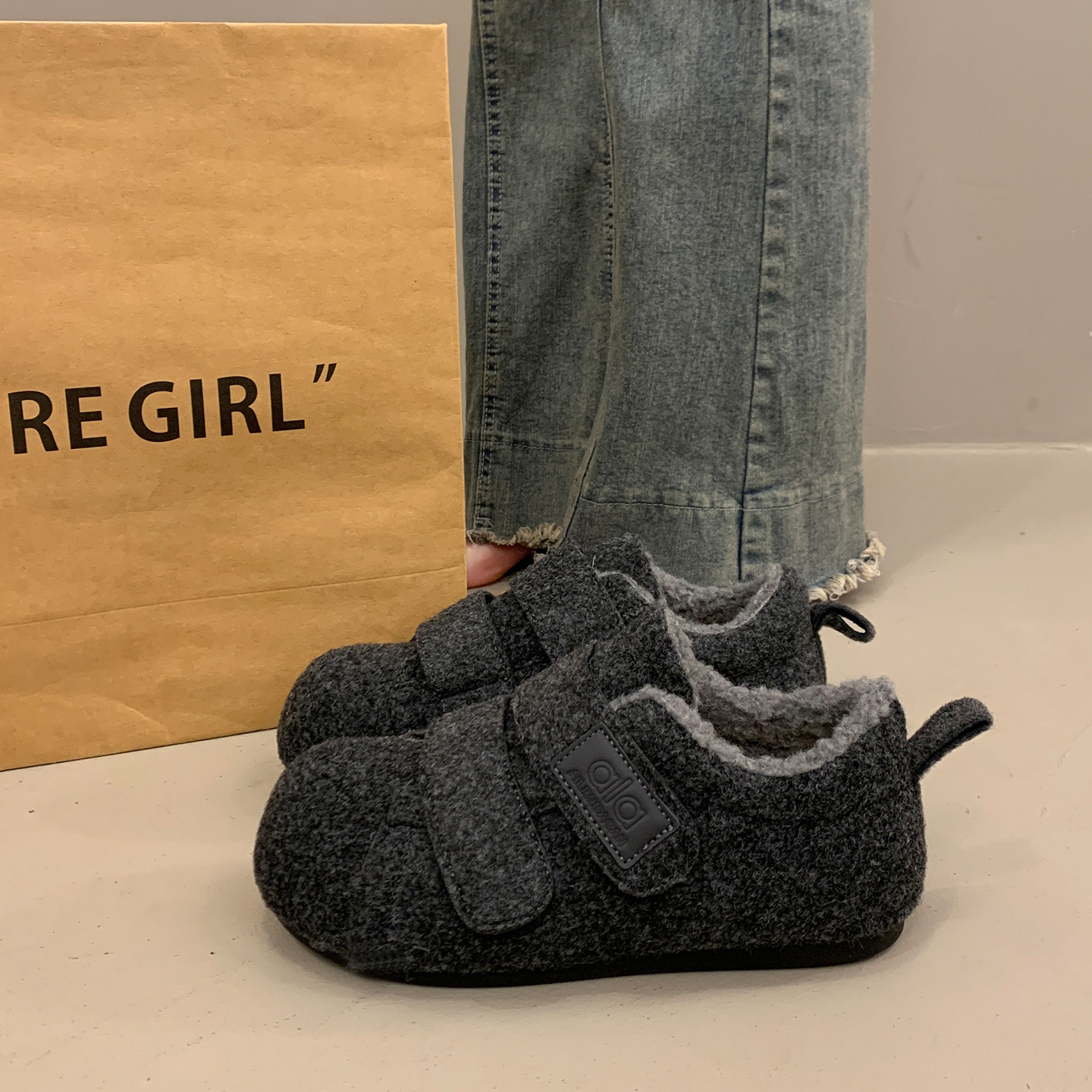 平底深口单鞋女冬毛毛博肯鞋全包