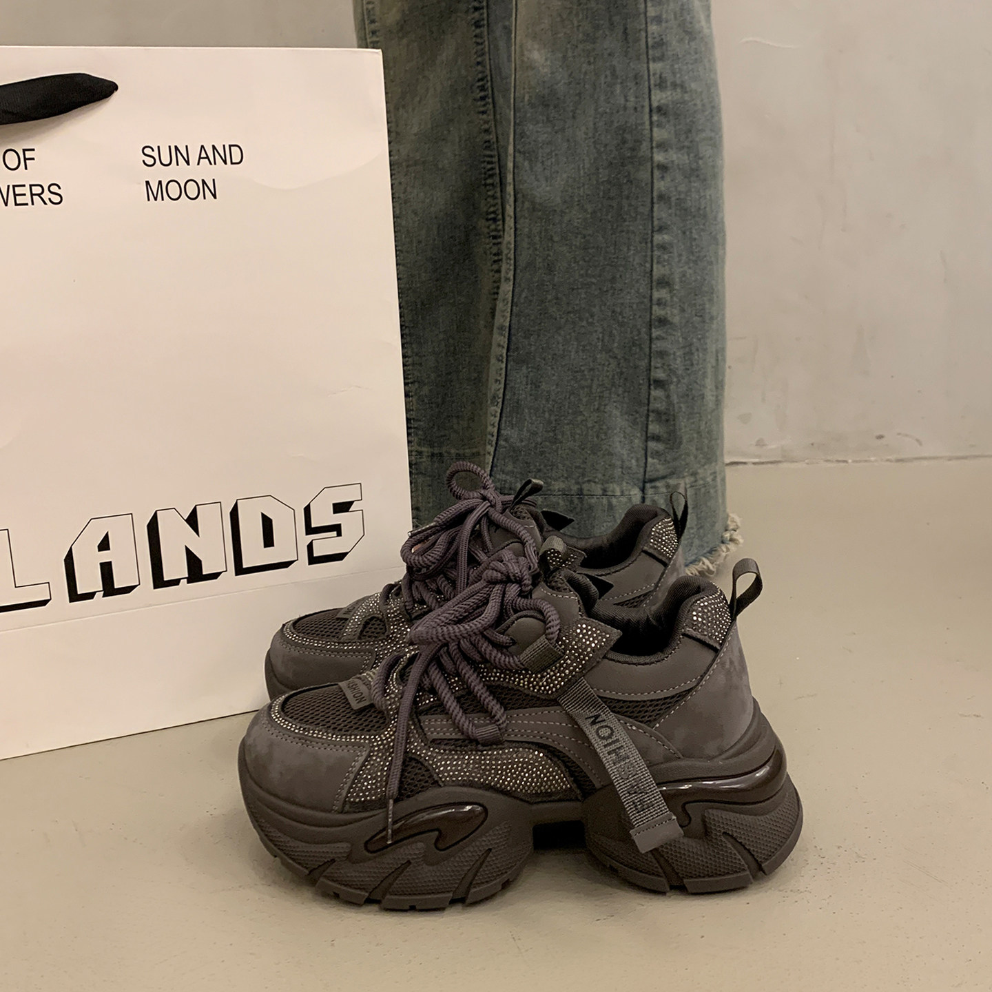 灰色厚底老爹鞋女小个子增高2025超火新款爆款秋冬百搭运动休闲鞋,女鞋,老爹鞋,淘宝优惠券,粉丝福利购,淘宝优惠卷