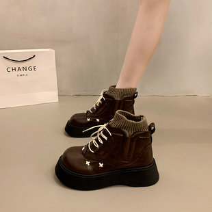 短靴 冬季 高级感炸街棕色厚底马丁靴女小个子增高2025超火新款 爆款