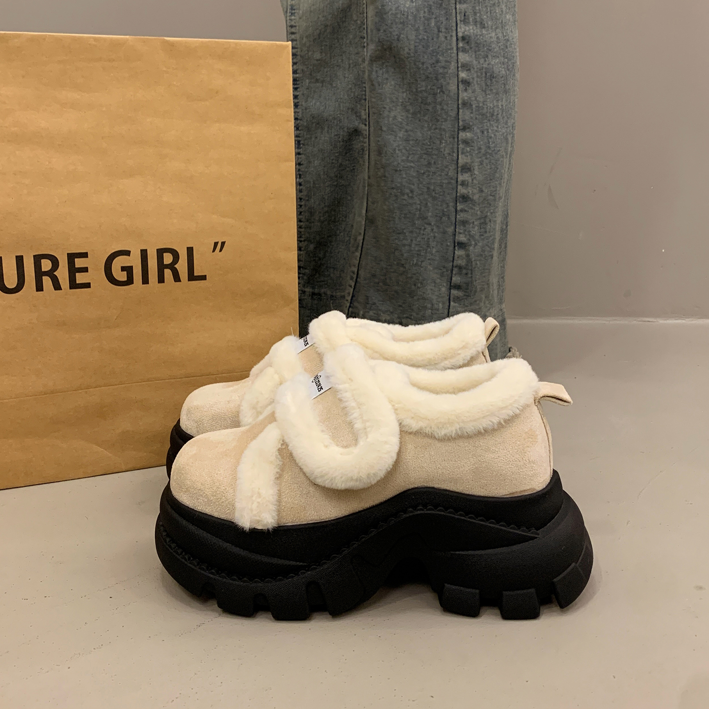 法式深口单鞋女冬季松糕鞋大棉鞋