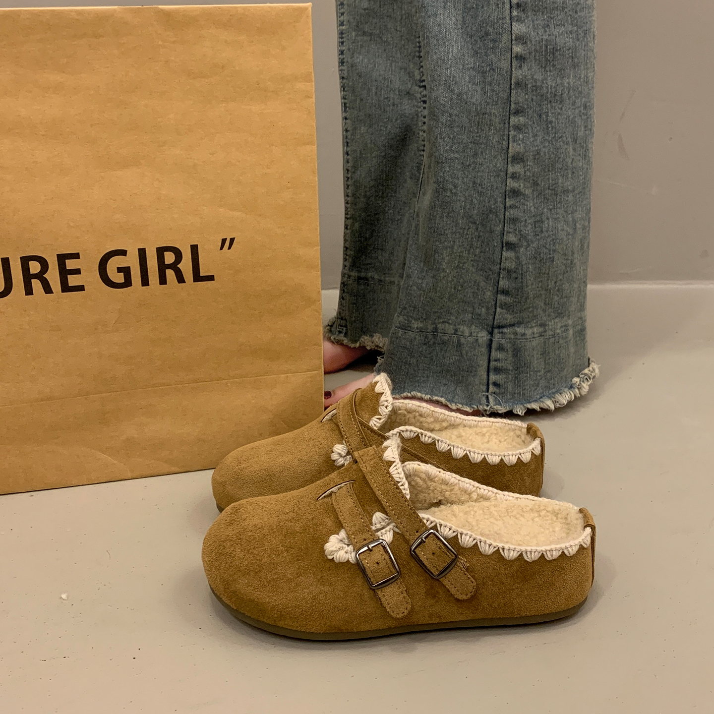 包头加绒勃肯鞋半拖女秋冬外穿2025超火新款穆勒一脚蹬毛毛棉拖鞋