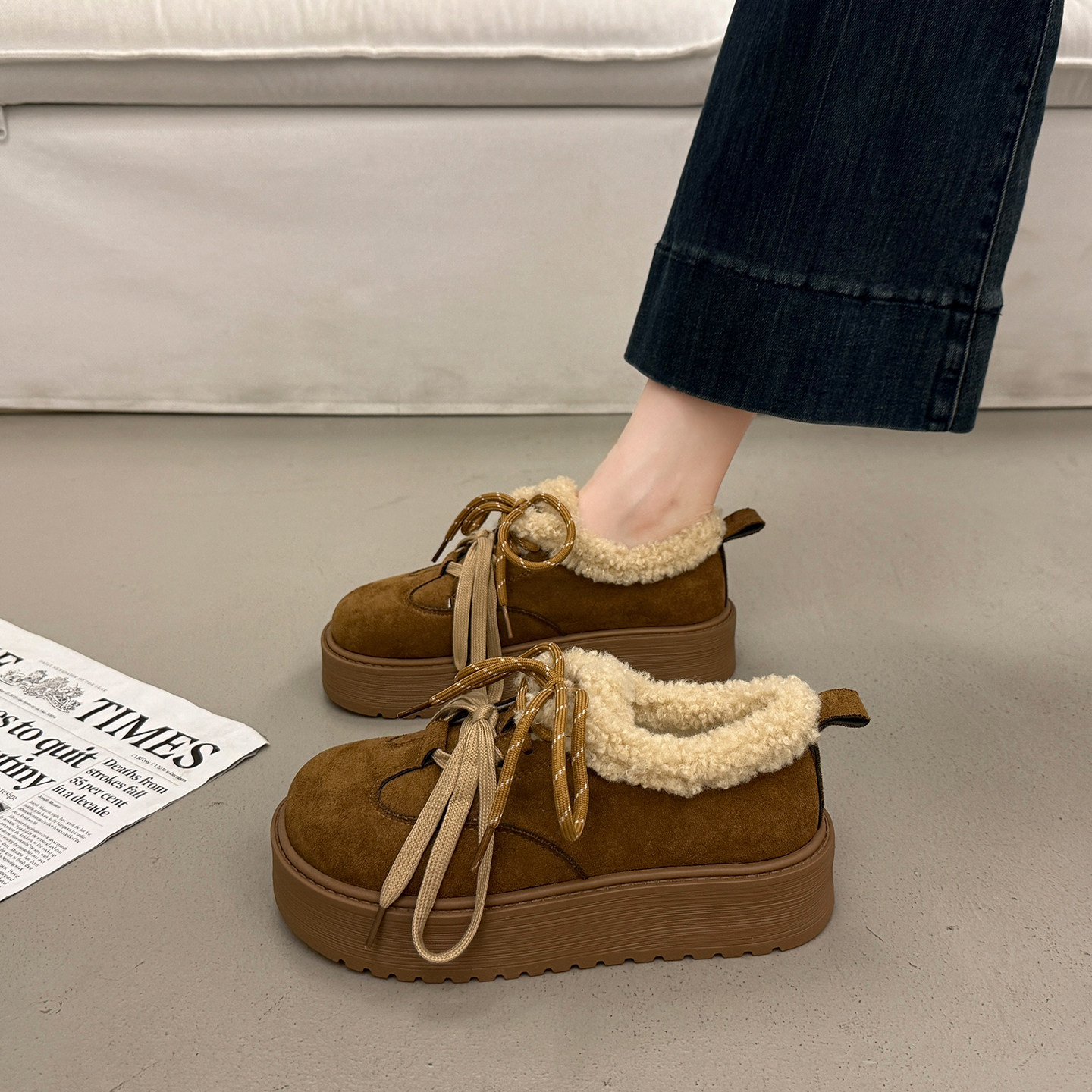 圆头深口单鞋女秋冬季全包博肯鞋