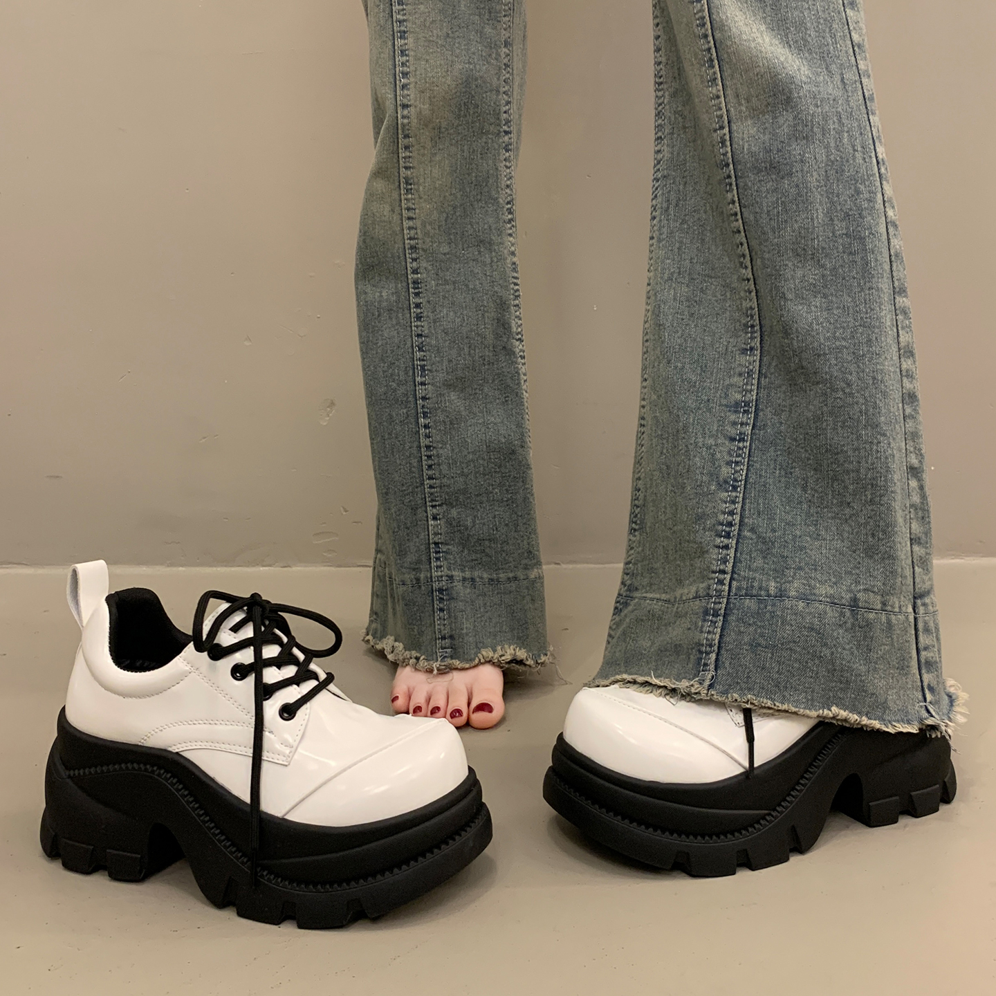 百搭黑色大头小皮鞋法式坡跟单鞋