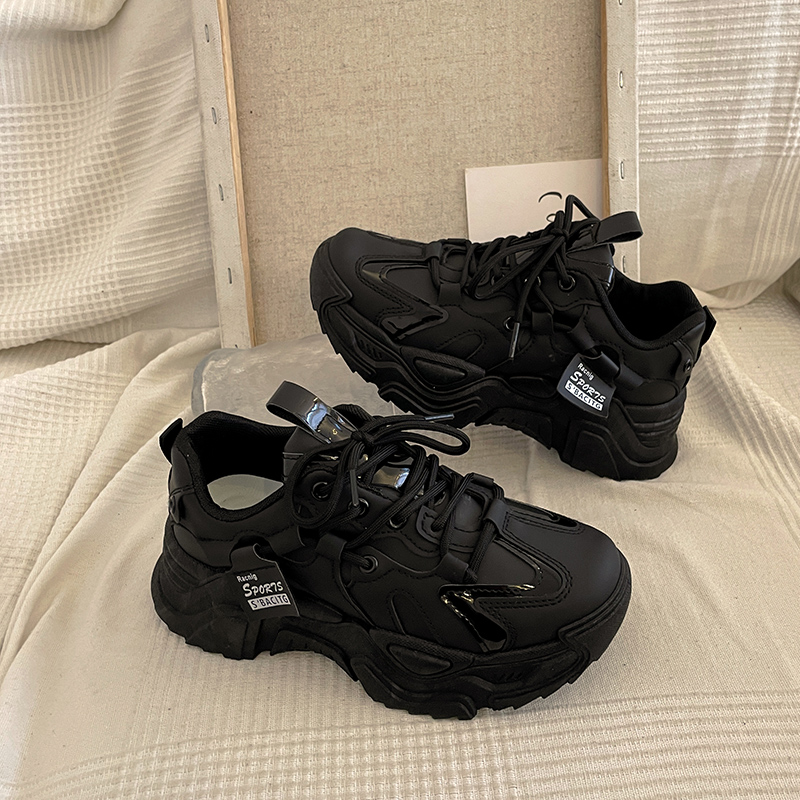 网红杏色显脚小圆头老爹鞋女增高