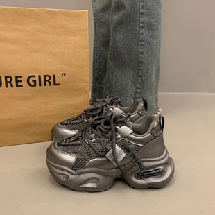 秋冬灰色运动休闲鞋 爆款 女增高显脚小2025超火新款 松糕厚底老爹鞋