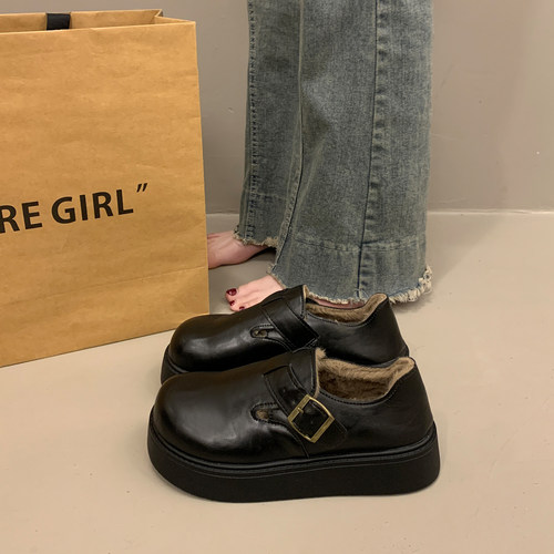 黑色平底小皮鞋女冬法式圆头单鞋