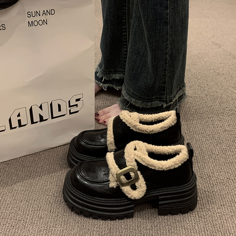 黑色圆头气质单鞋女秋冬毛毛棉鞋