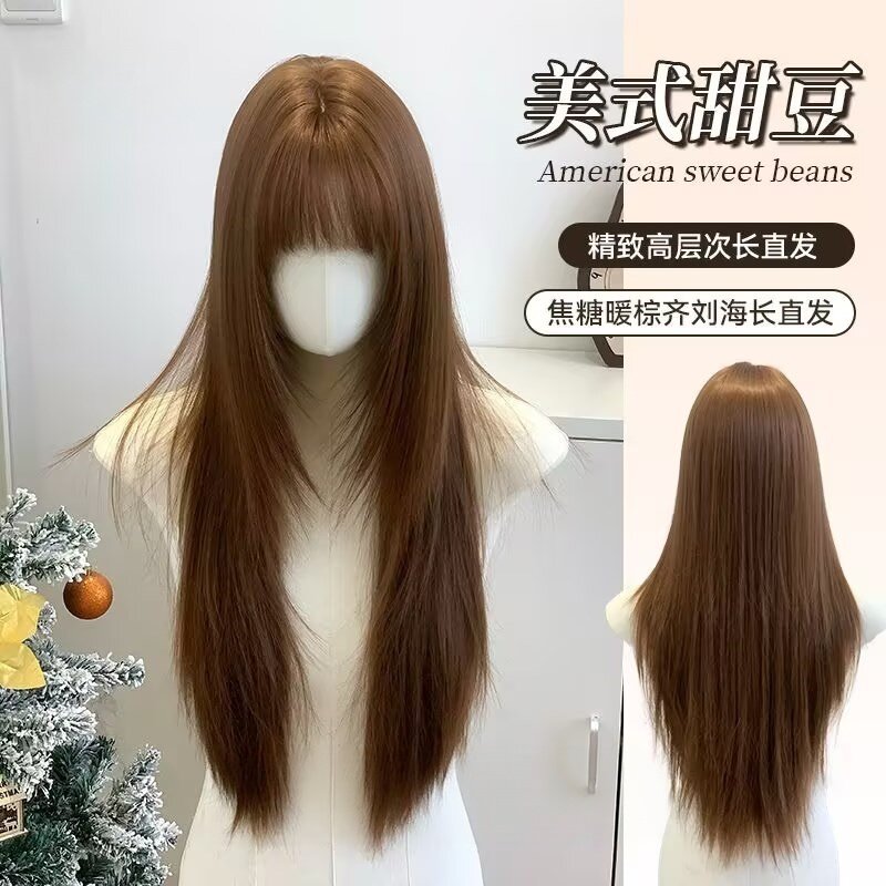 浅棕色女款全头套时尚直发长发