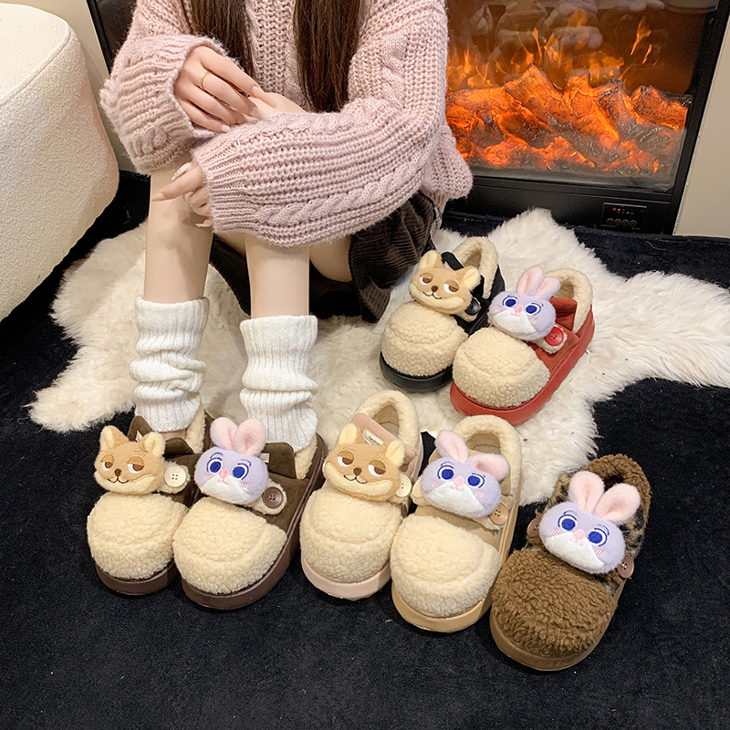 可爱甜美豹纹保暖毛毛雪地靴女2025新款秋冬厚底一脚蹬加绒棉鞋子