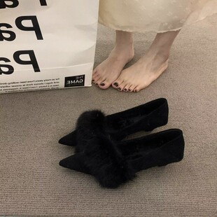 法式尖头毛毛鞋女鞋子2026冬季新款温柔低跟加绒单鞋一脚蹬晚晚鞋