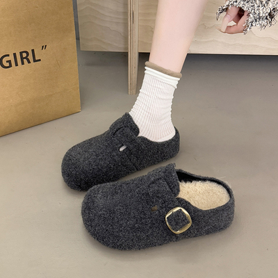 厚底勃肯包头半拖鞋女2025新款秋冬灰色毛毛拖鞋女外穿加绒穆勒鞋