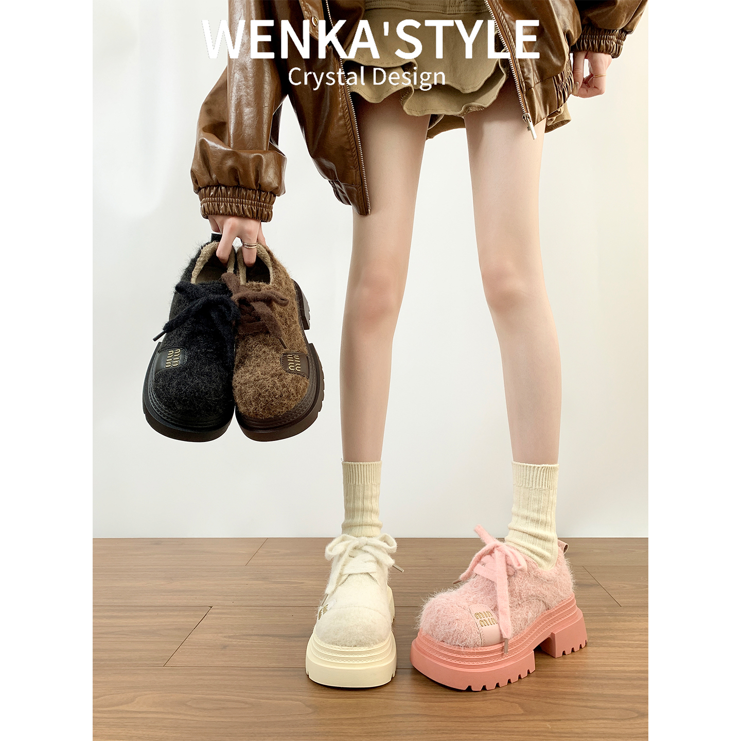 欧洲站松糕厚底大头乐福鞋女2025秋冬新款小个子增高加绒毛毛棉鞋