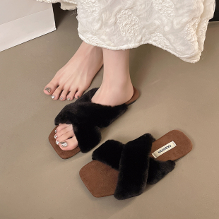 休闲百搭温柔豹纹厚底加绒棉鞋 复古交叉一字毛毛拖鞋 女外穿秋冬季